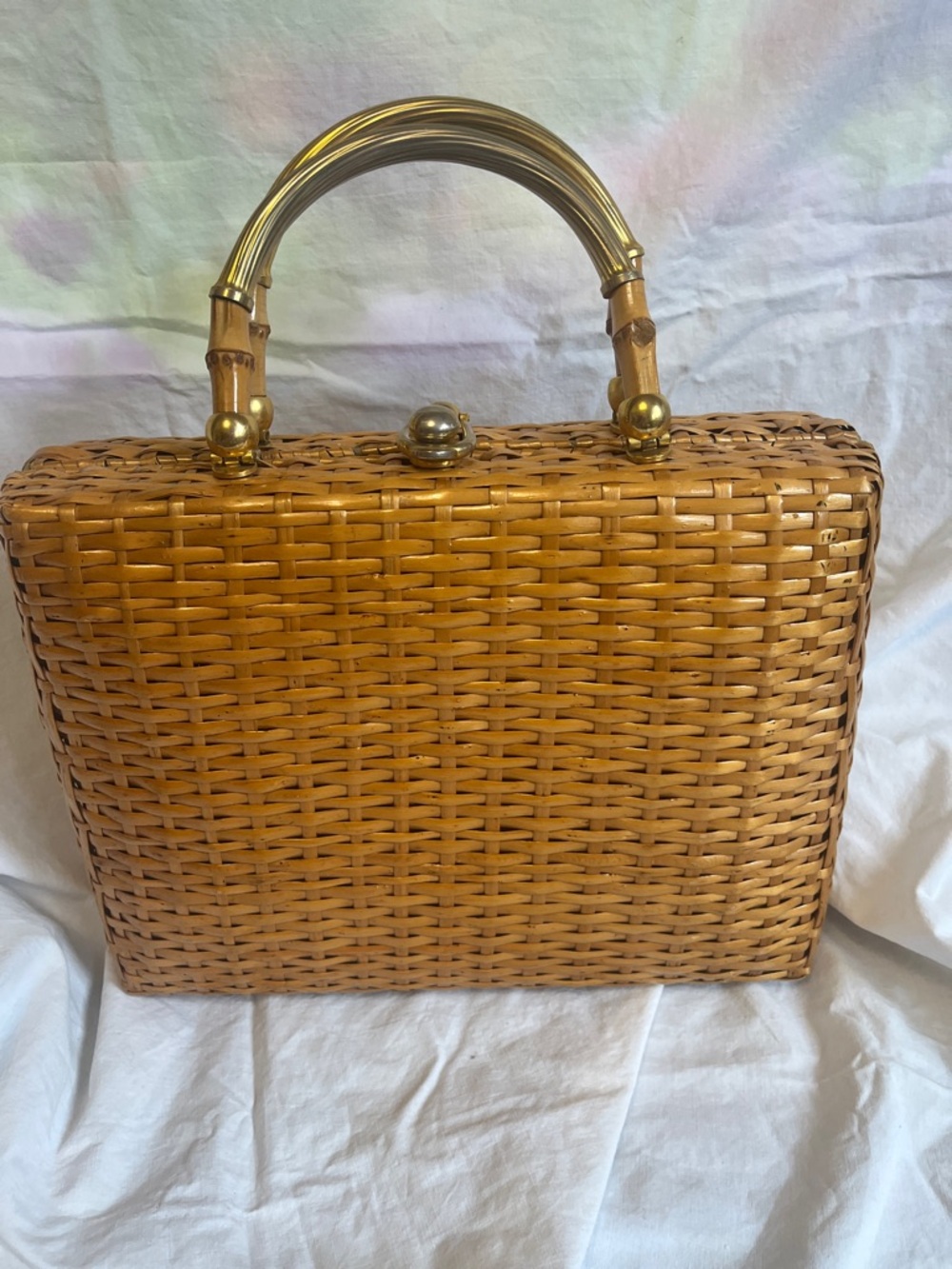 BOGO Vintage Woven Straw Box Handbag with Bamboo Handles - Italian made